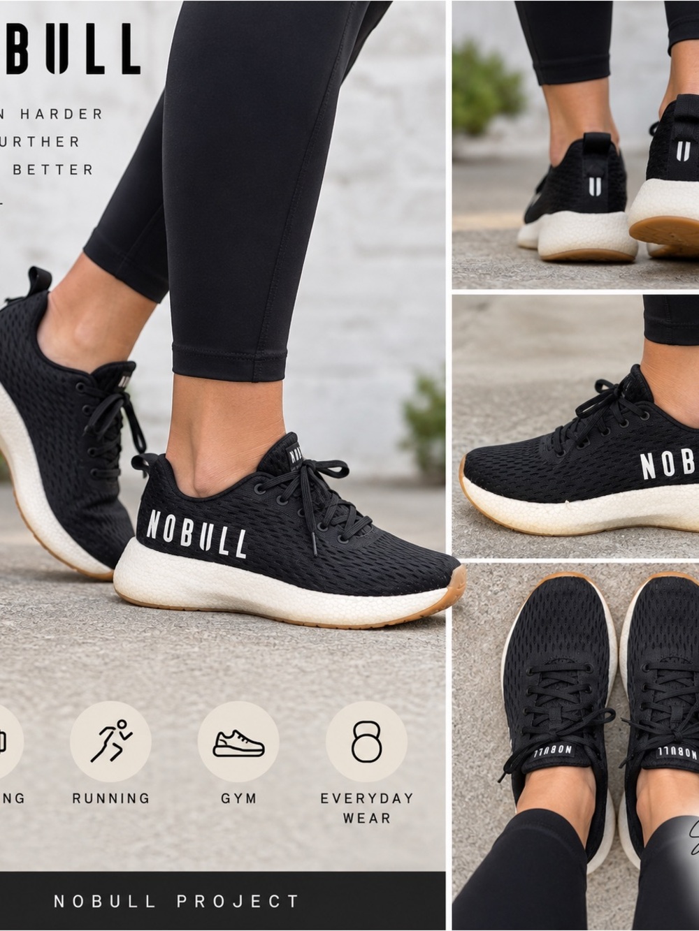 NOBULL Project Training Shoes Men’s 6 Women’s 7.5 Black White Gum Cross Training